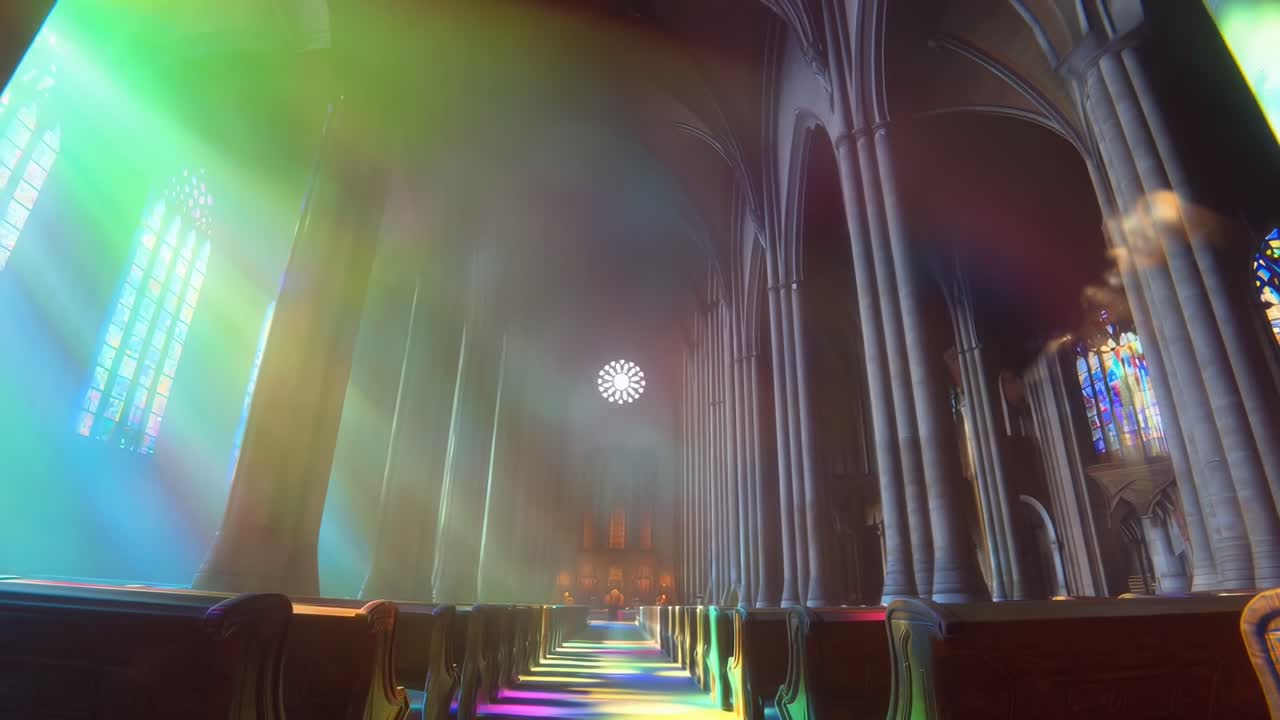 Raggi di luce colorati che illuminano l'interno di una grande chiesa.