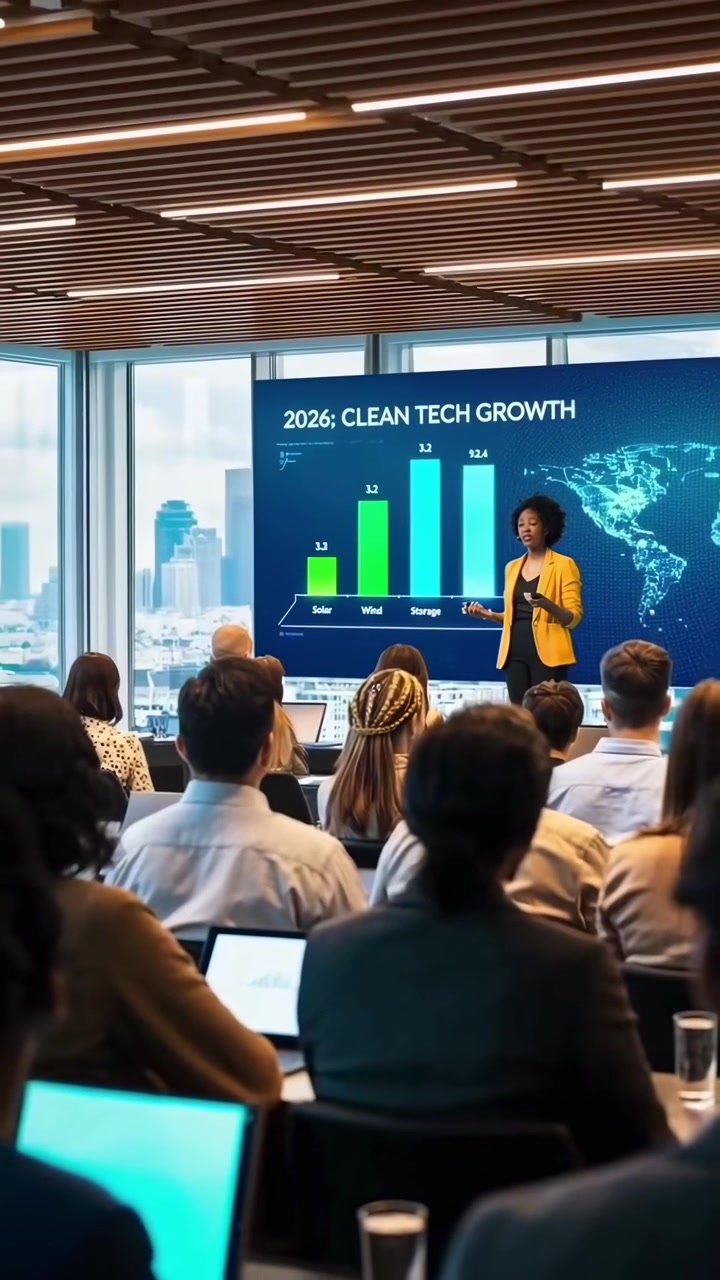 Woman Presents Clean Tech Growth Data to Diverse Audience