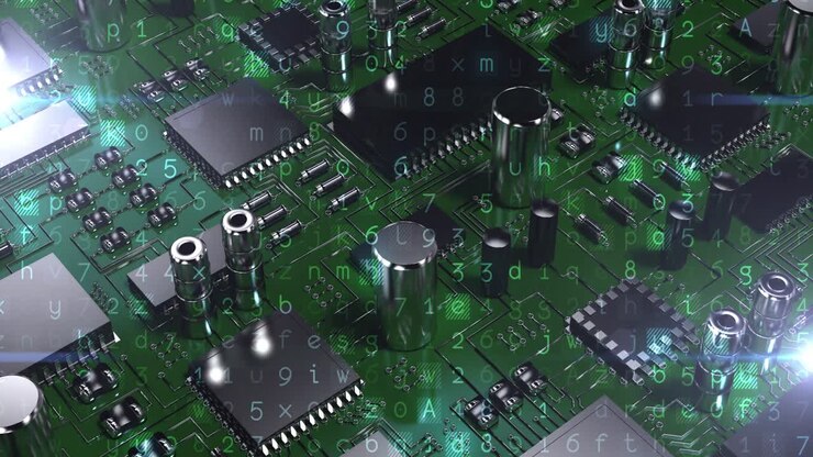 Animation of computer circuit board elements and binary coding over green background