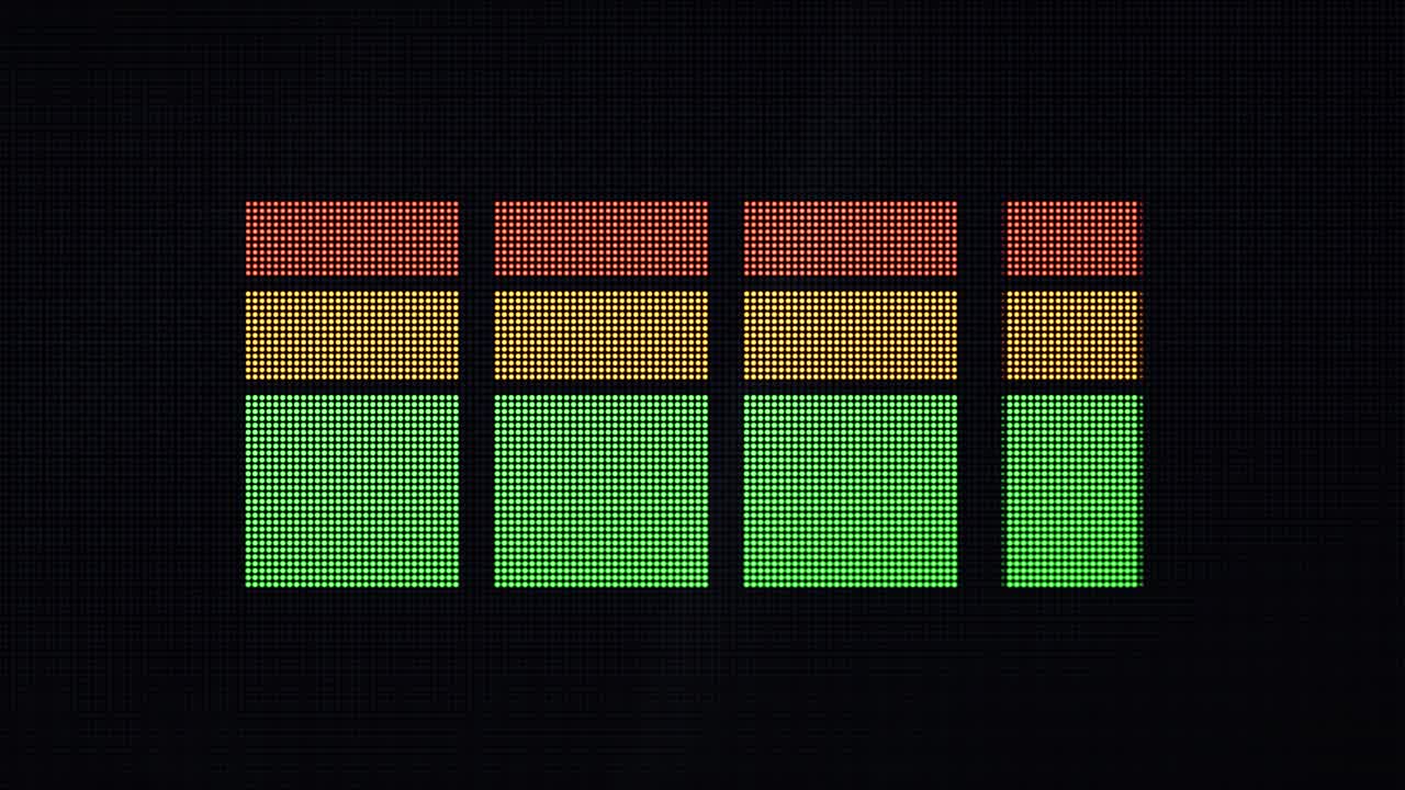 pantalla led 2d animada de barras verticales de nivel de volumen que se mueven hacia arriba y hacia abajo con dof y la cámara se mueve lentamente hacia la pantalla para enfocarla más