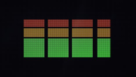 animated 2d led display of vertical volume level bars moving up and down with dof and the camera moving slowly towards the display to bring it more in focus