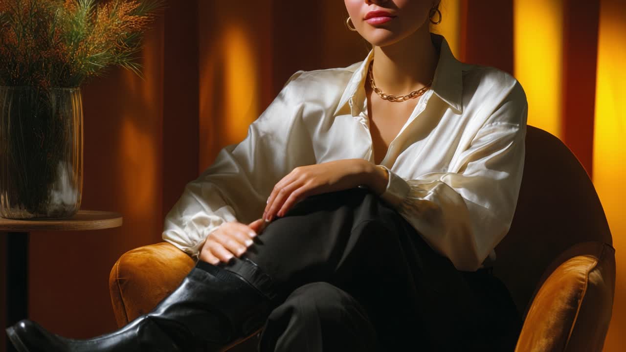 Elegante ritratto di una donna in camicetta di raso seduta su una sedia con illuminazione dorata e accessori eleganti, che emana sicurezza e compostezza.