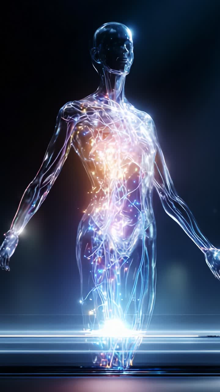 Illuminated Human Figure Symbolizing Energy and Technology with Glowing Lines Representing Connectivity and Digital Transformation in a Futuristic Setting