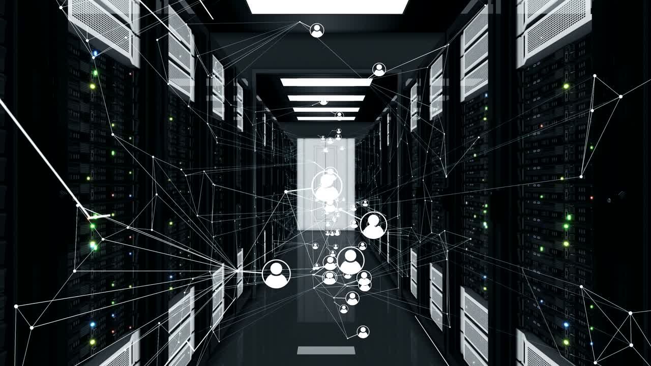 Social Network Human Icons Flowing with Abstract Connections in Datacenter. Looped 3d Animation of Server Racks. Digital Media and Futuristic Technology Concept.