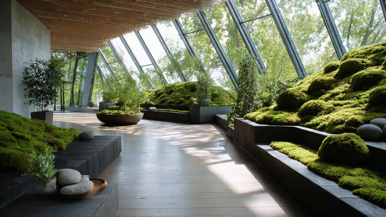 Un sereno giardino interno con muschio rigoglioso e luce naturale che mette in risalto l'architettura moderna e gli spazi tranquilli per il relax e la riflessione