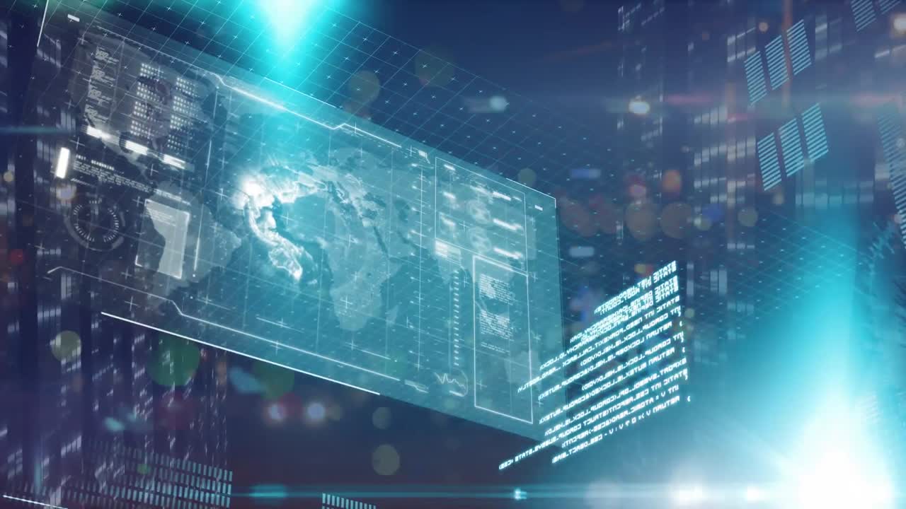 다양한 데이터와 그래프의 애니메이션 처리 디지털 화면에서 흐릿한 밤 도로 교통