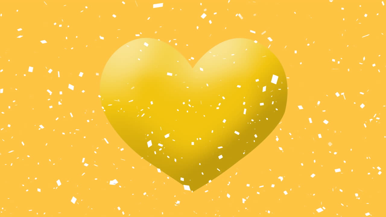 노란색 배경에 노란색 심장 이모지 아이콘 위에 떨어지는  ⁇ 색 콘페티의 디지털 애니메이션