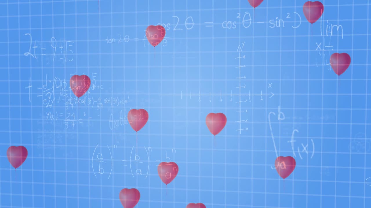파란색 배경에 수학적 방정식에 떨어지는 심장의 애니메이션