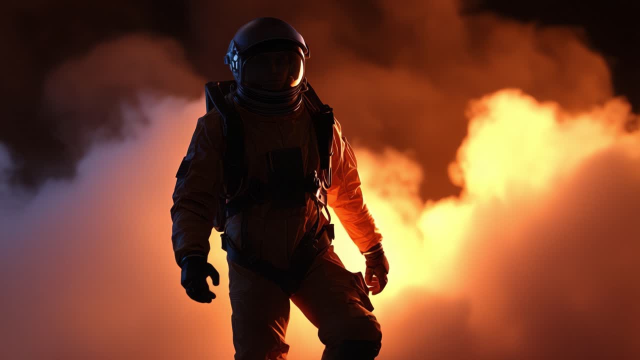 A solitary astronaut emerges from swirling clouds of smoke and vapor, illuminated by an otherworldly orange glow, embodying the essence of exploration and adventure