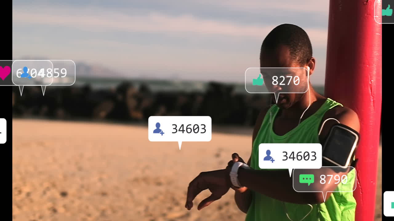 Animazione di icone e numeri dei social media su banner, su sportivo che usa lo smartwatch