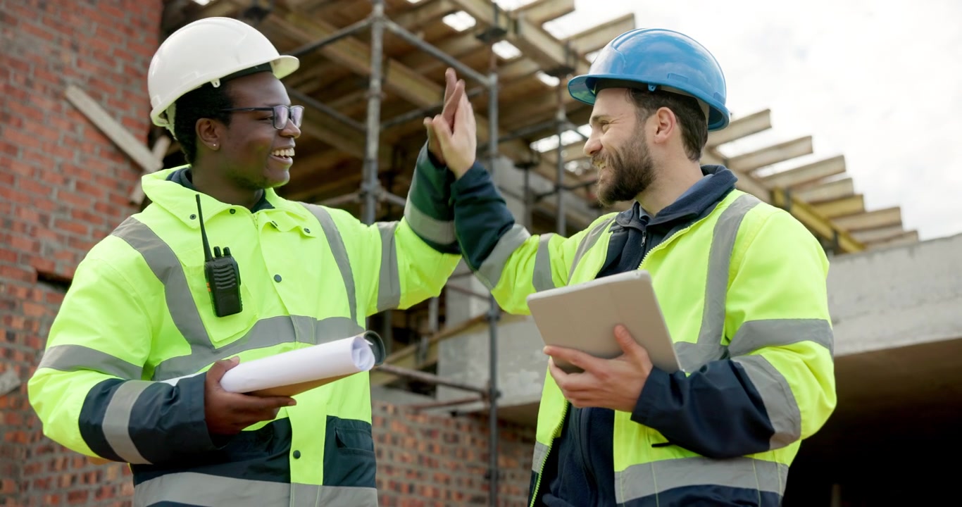 Construction Engineers Discussing Project Plans on Tablet at Building Site