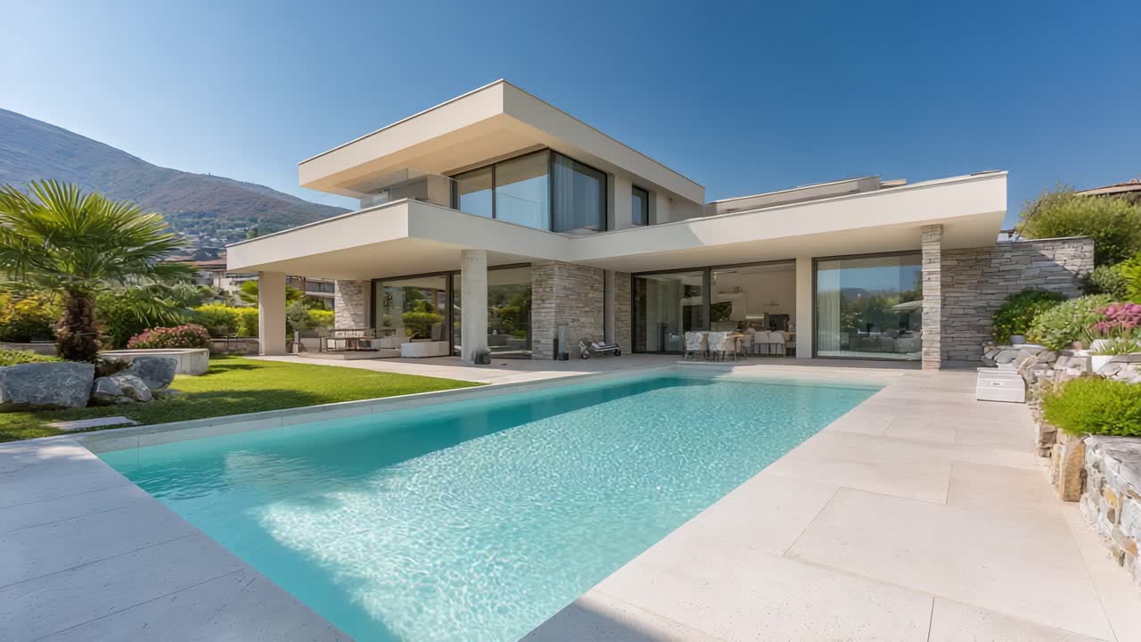 Splendida architettura moderna: una villa dal design accattivante con vista su una piscina tranquilla, circondata da una vegetazione lussureggiante e con viste mozzafiato sulle montagne