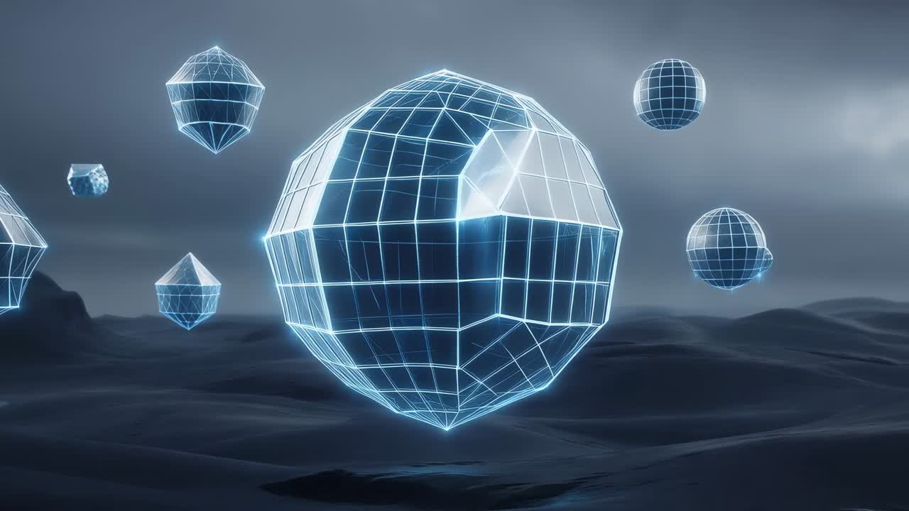 Camera moving large faceted sphere scaling and spinning above plain with small shapes showing grid