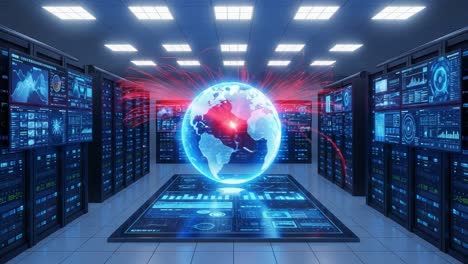 a high-tech data center featuring a globally connected network visualized through dynamic graphics and interactive displays, showcasing global information flow and analysis.