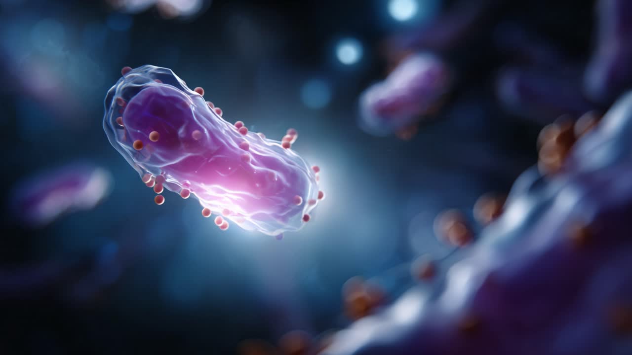 Imaginative Representation of Bacteria in Close-Up, Highlighting Cellular Structure and Granules, Set Against a Mysterious Background of Glowing Particles