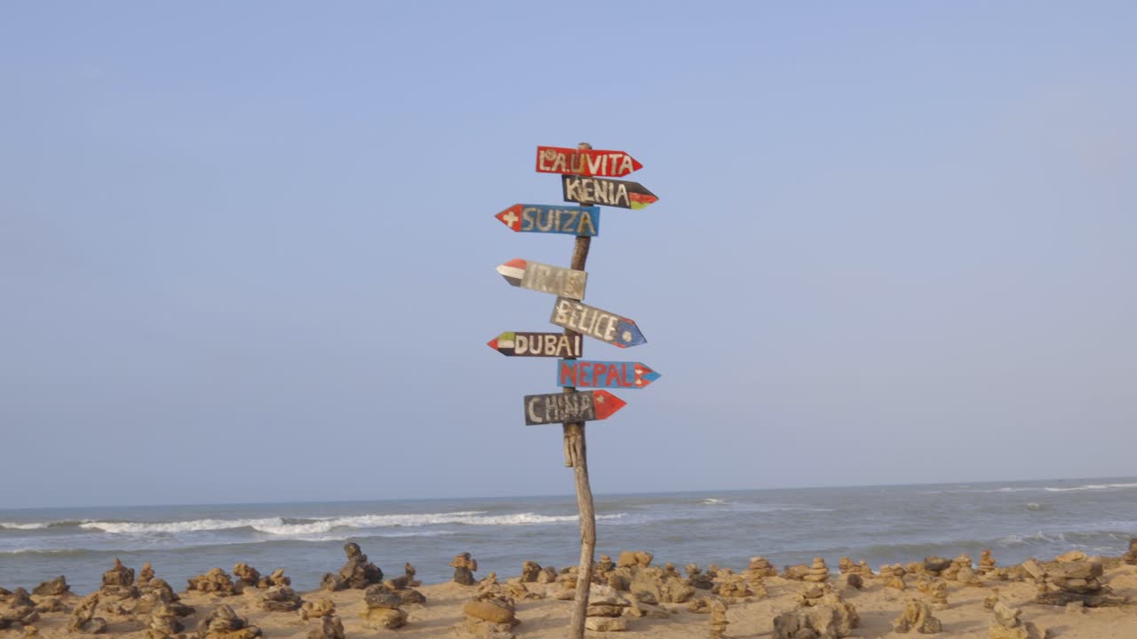 directional signpost at the rocky shoreline with view on the carribbean ocean in Guajira, Colombia.