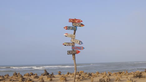directional signpost at the rocky shoreline with view on the carribbean ocean in Guajira, Colombia.