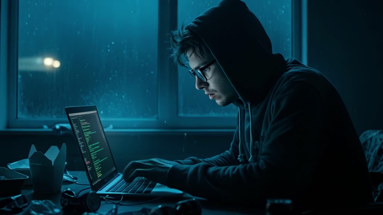 In a softly illuminated room, a young programmer immerses themselves in coding late into the night, with raindrops gently tapping on the window