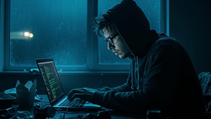 In a softly illuminated room, a young programmer immerses themselves in coding late into the night, with raindrops gently tapping on the window