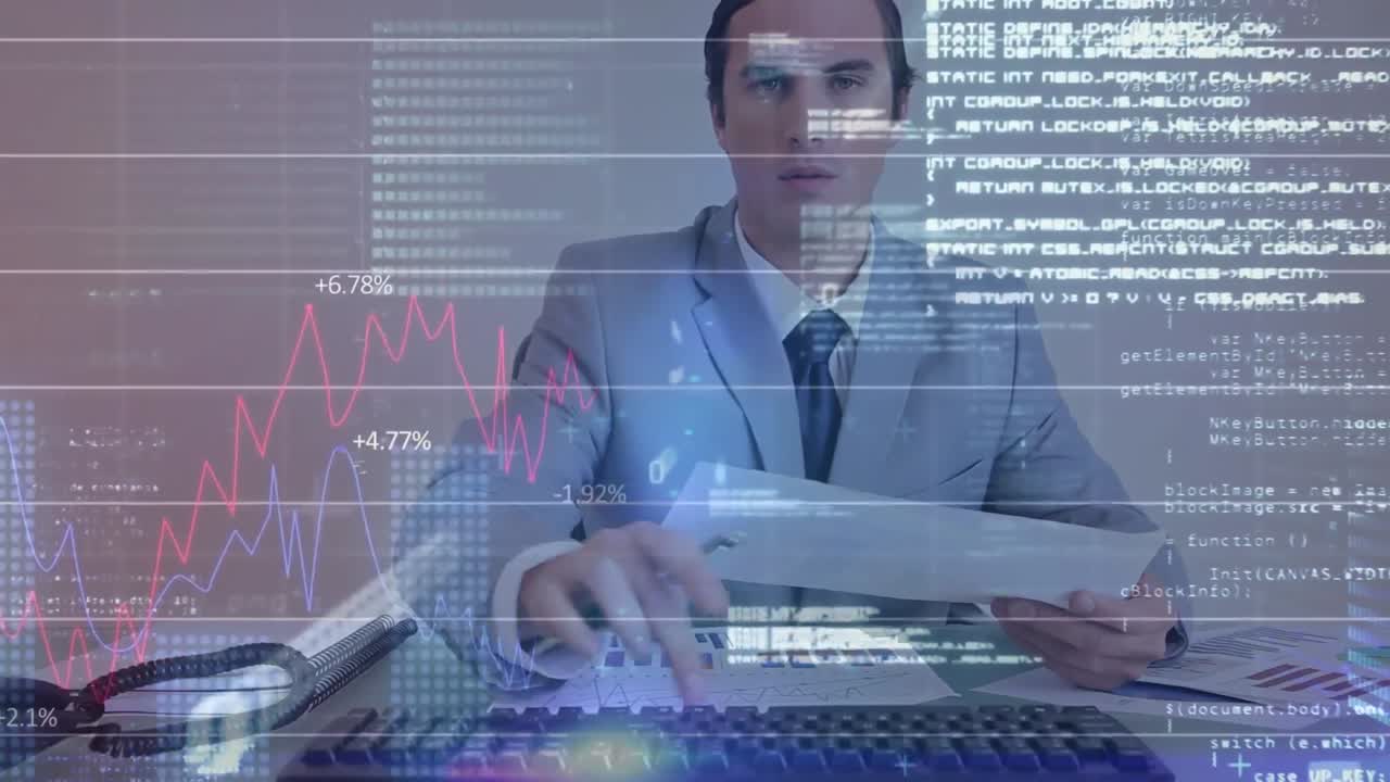 animación del procesamiento de datos estadísticos sobre un hombre de negocios caucásico leyendo documentos en la oficina.