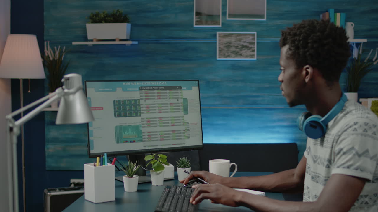 Financial broker analyzing crypto currency data charts on computer