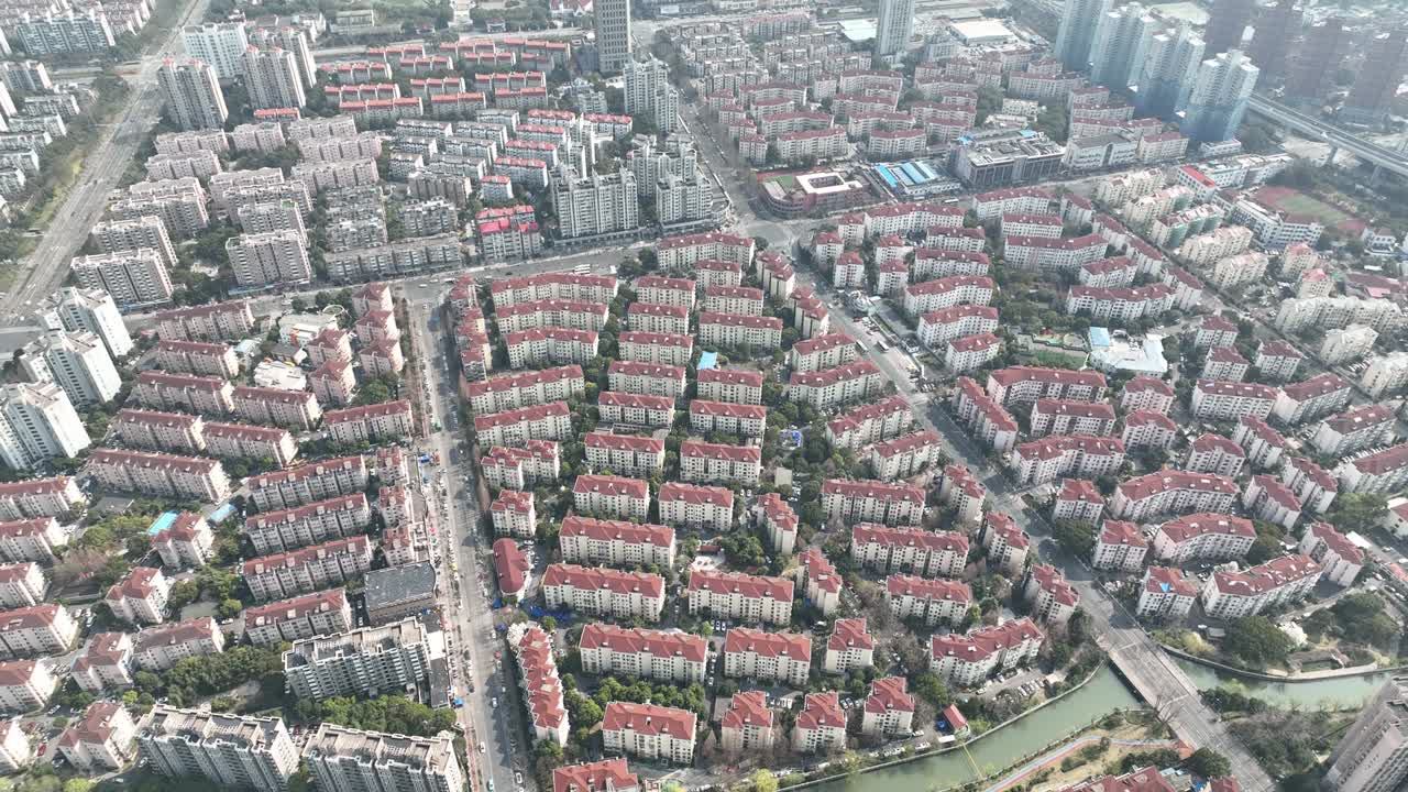 상하이 시내의 주거 건물의 무인기 항공 사진