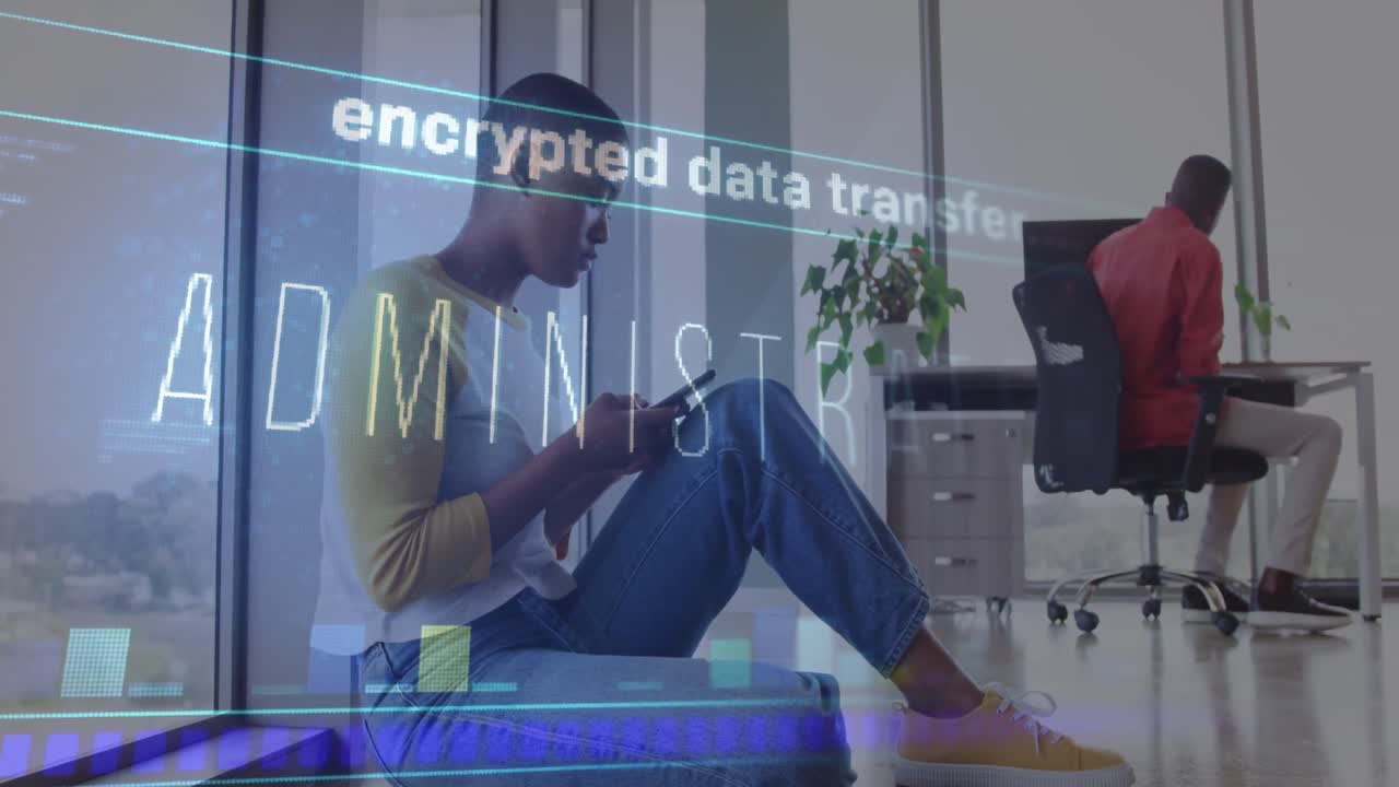 Animation of data processing over african american businesswoman using smartphone