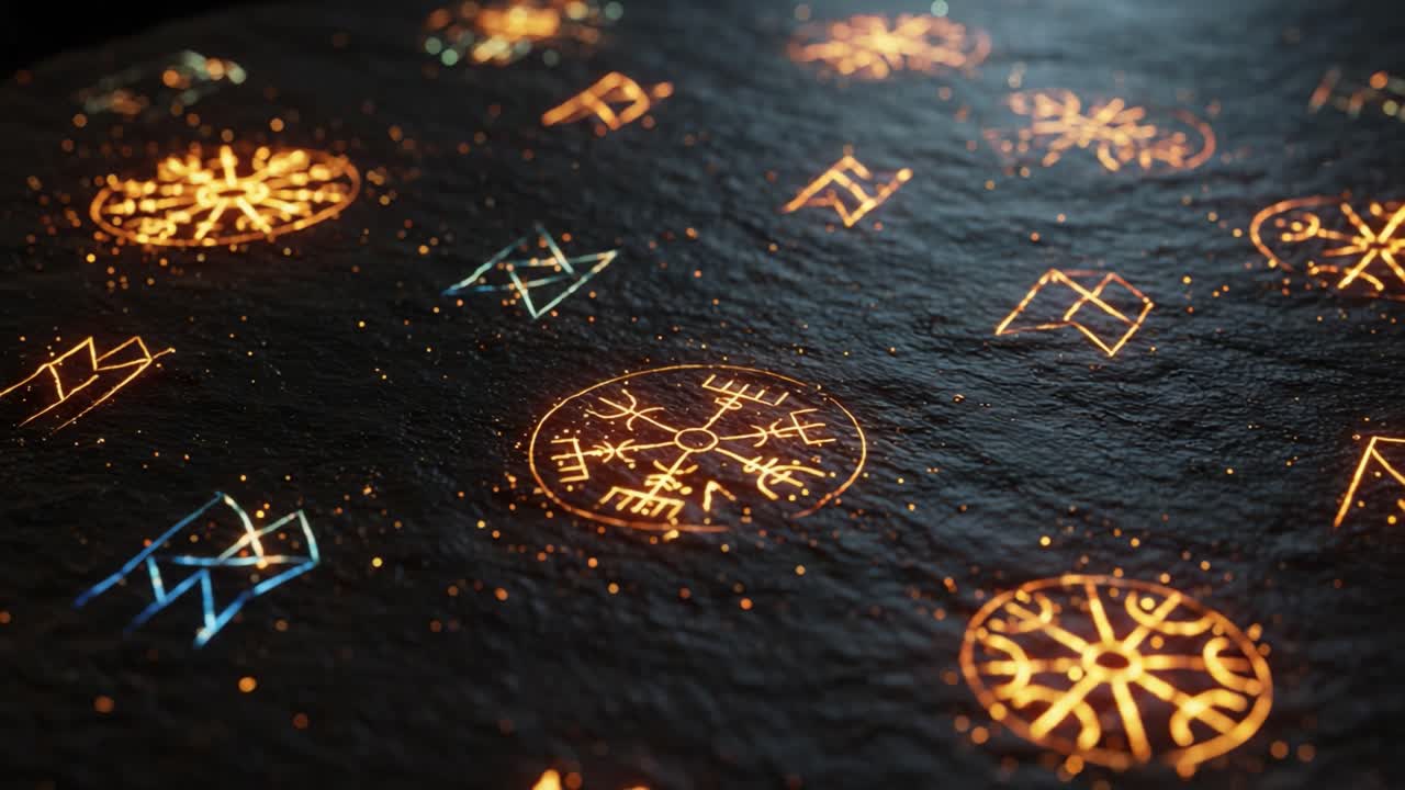 Intricate Illuminated Symbols on a Textured Surface Capturing the Mystical Essence of Ancient Scripts, Glowing with Orange and Blue Hues in a Unique Visual Experience