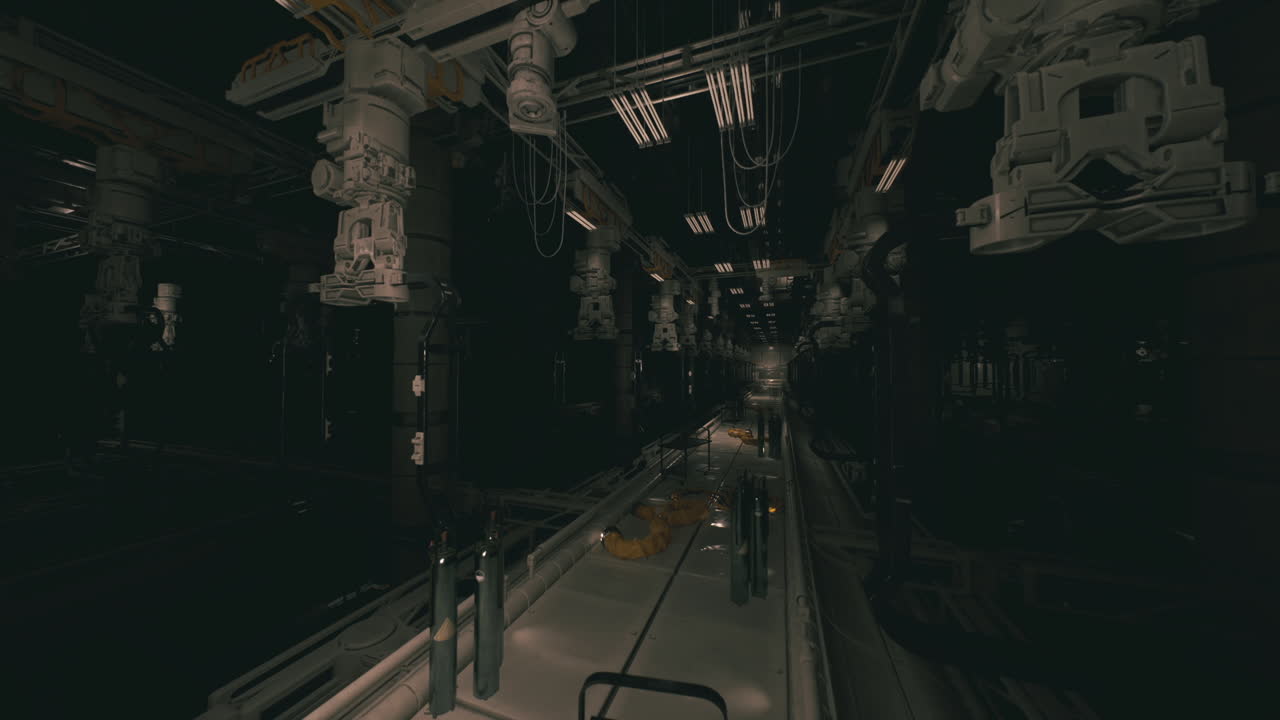 Mysterious industrial interior with towering machinery in a dark setting