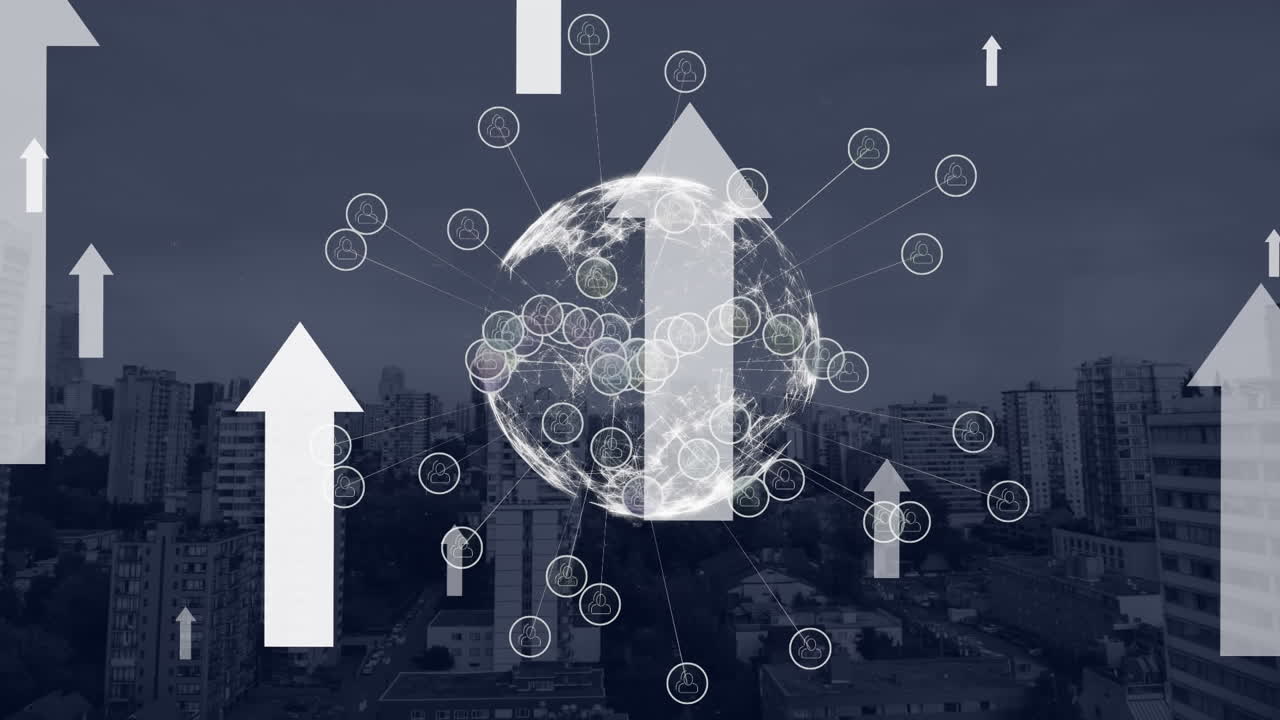 Animation of network of connections with icons over cityscape