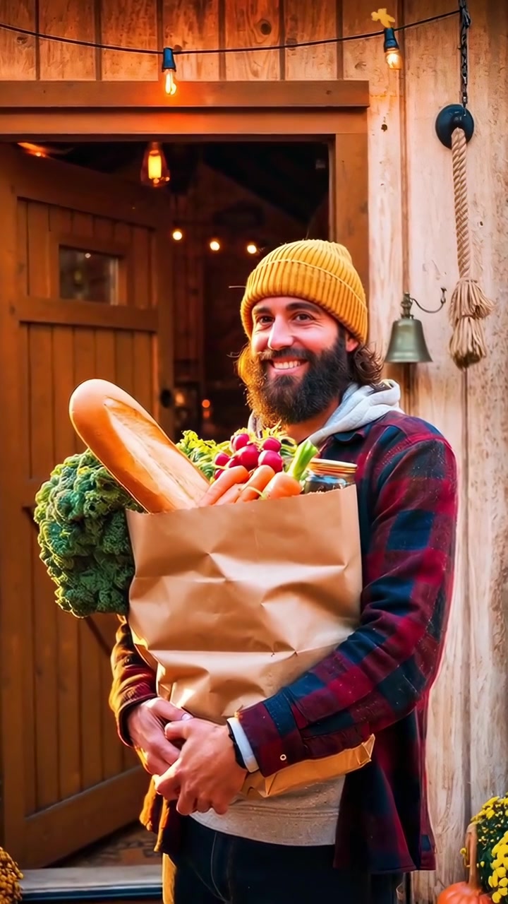 Uomo sorridente che tiene una borsa della spesa con prodotti freschi