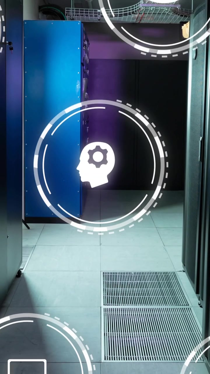 Icone di business, media ed educazione che elaborano dati in una sala server