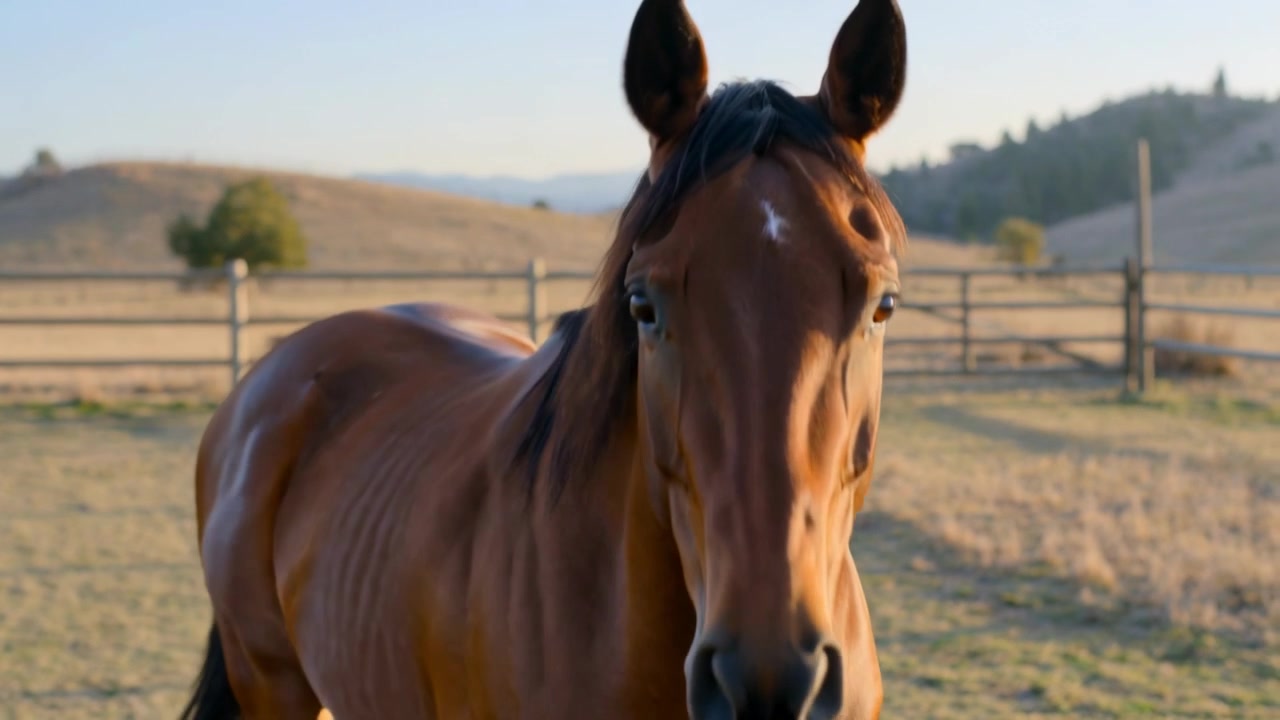 Percebendo a câmera, cavalo baio caminhando em direção à lente em um pasto cercado com cerca de madeira.