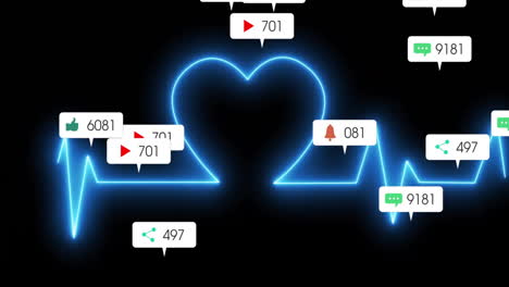 social media engagement icons animation over blue heart-shaped electrocardiogram