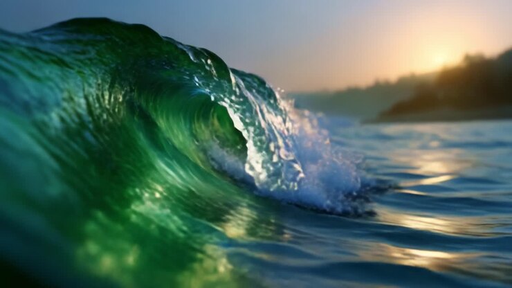 A Stunning View of Ocean Waves with Glimmering Water and Warm Sunrise Light Illuminating the Horizon in a Serene Coastal Landscape