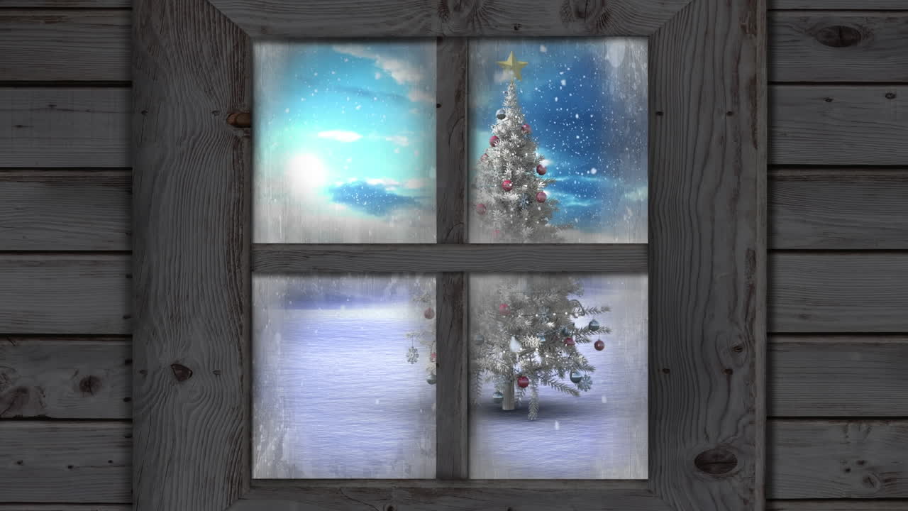 Animation of window view of christmas tree and winter landscape