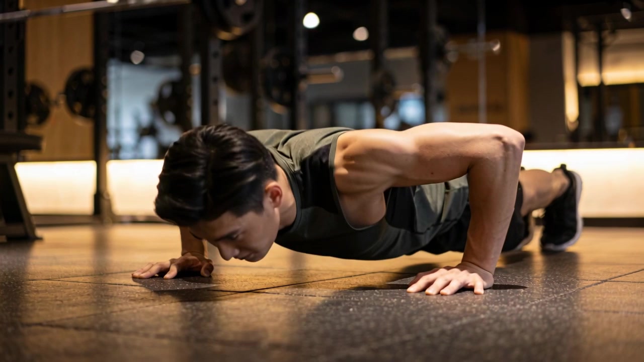 Começando da prancha alta, homem de regata abaixando fazendo flexões em piso de borracha de academia, ganhando força.