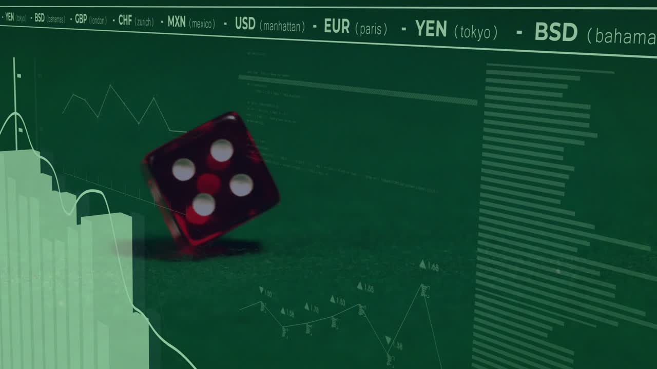Dado rojo translúcido entrando por la izquierda, rodando sobre un gráfico de barras y una curva, visualizando el riesgo de mercado.