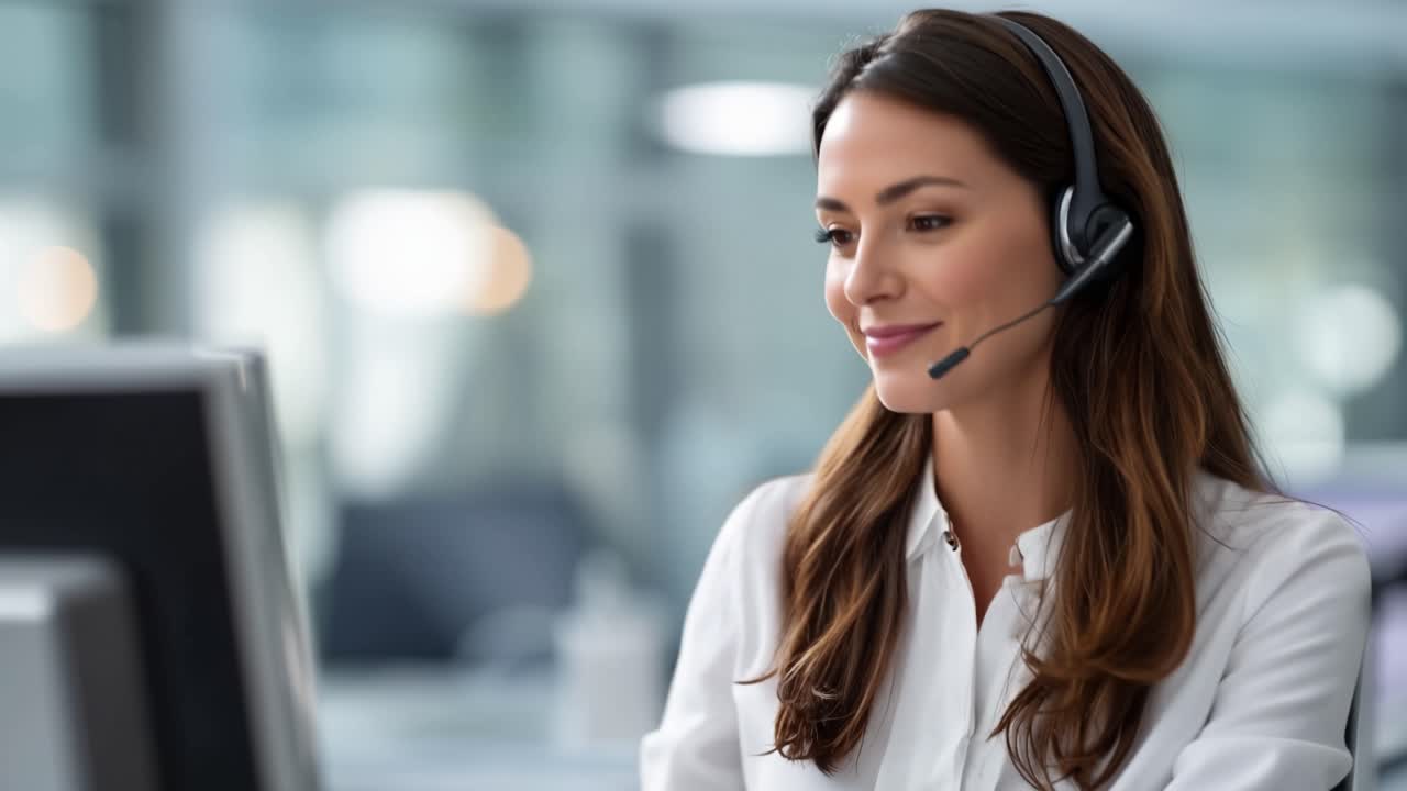 Fokusert agent med headset, smiler forsiktig til skjermen. Profesjonell setting, lyst, rent, moderne arbeidsområde. Hennes rolige uttrykk antyder kundestøtte eller salg. Ideelt for forretninger, teknologi.