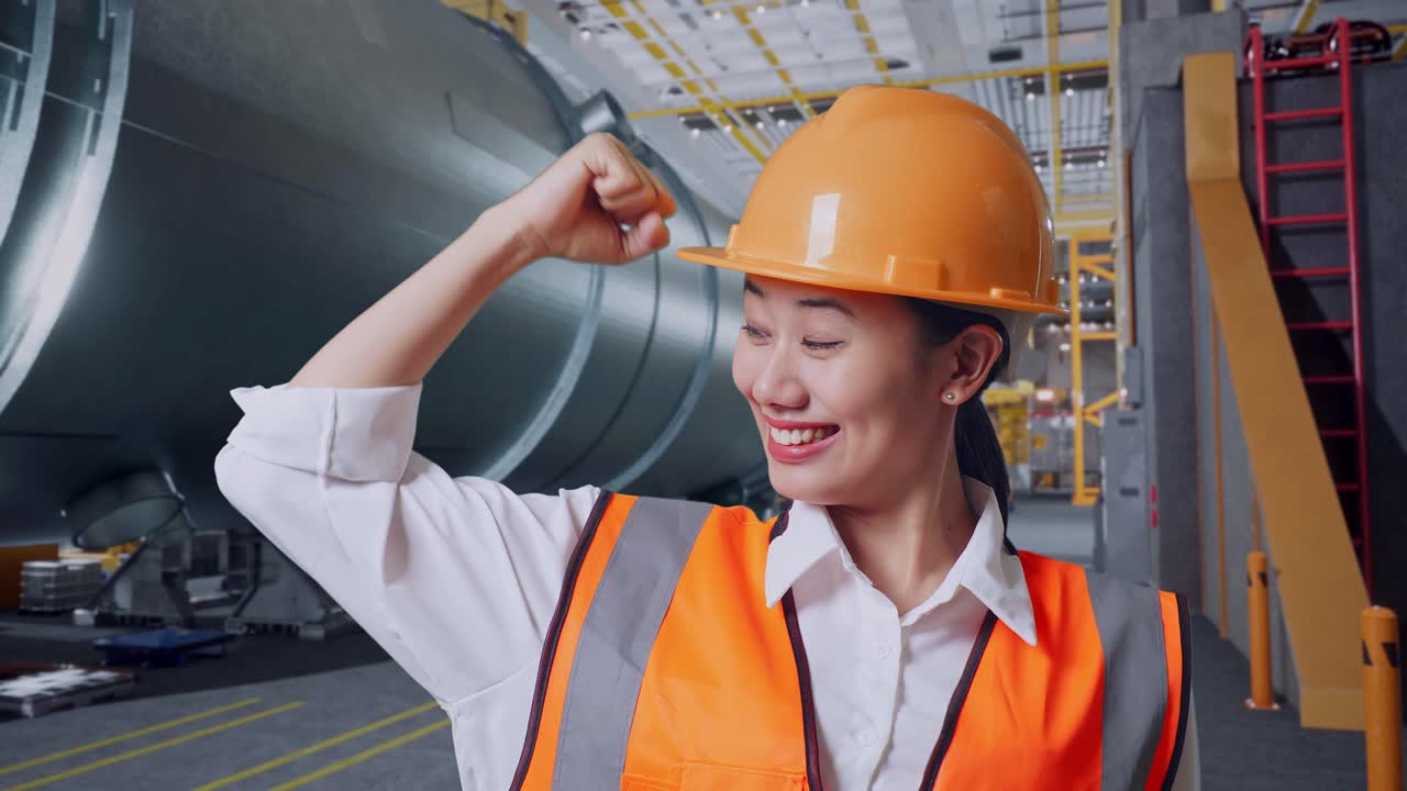 안전 헬을 입은 아시아 여성 엔지니어가 파이프 제조 공장에서 서서 이를 구부리고 카메라에 미소 짓고 있습니다.