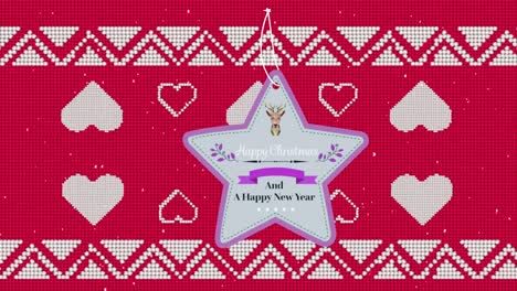 Christmas-and-new-years-text-over-star-against-over-heart-icons-on-traditional-red-christmas-pattern