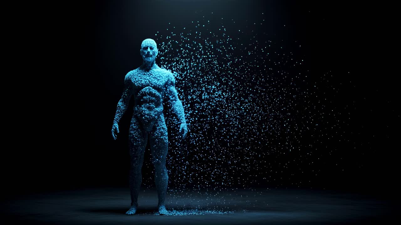 Exploring the captivating transformation of a digital figure through mesmerizing particle effects in a dark space