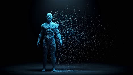 Exploring the captivating transformation of a digital figure through mesmerizing particle effects in a dark space
