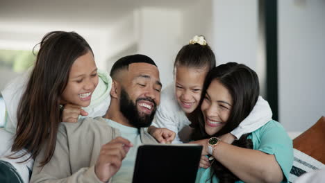 kids running, hug and parents on a sofa