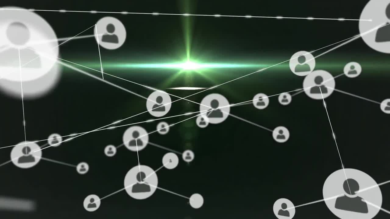 animación de la red de conexiones con iconos sobre fondo oscuro