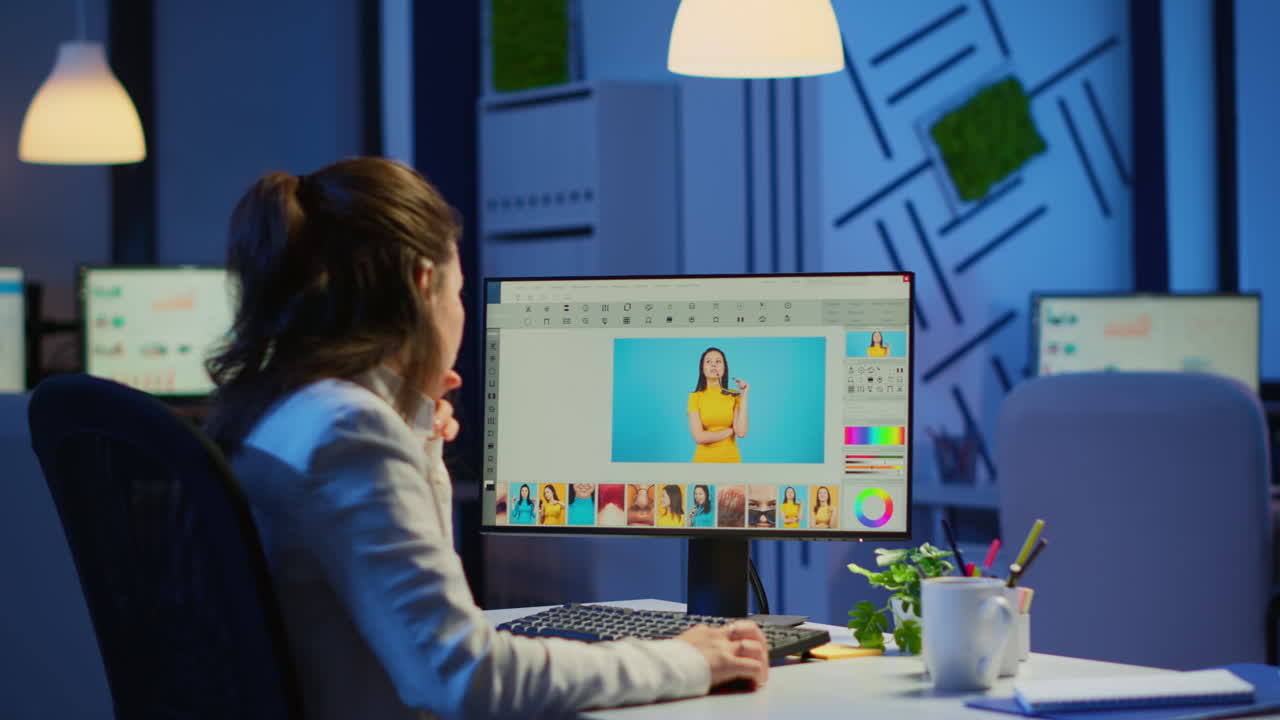 retocadora independiente mujer trabajando horas extras en computadora portátil