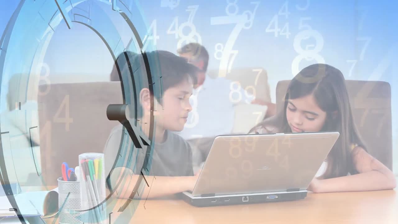 노트북 컴퓨터를 사용하여 집에서 배우는 소년과 소녀의 애니메이션