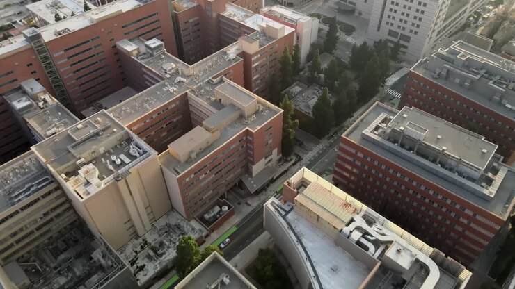 Edifici del campus UCLA, vista aerea a volo d'uccello.