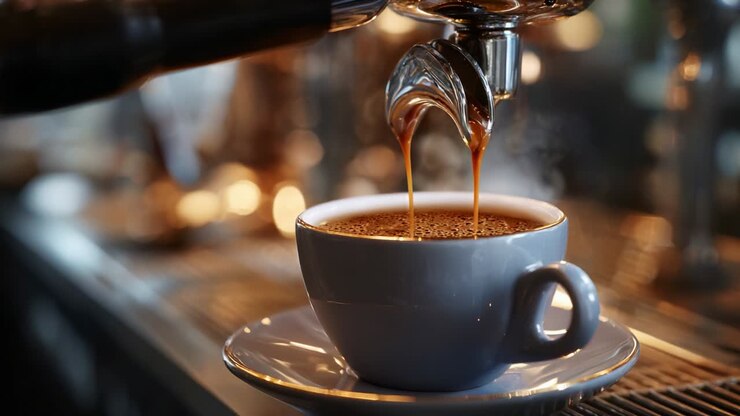 Aromatischer Kaffee: Fesselnde Aufnahmen von Espresso, der in eine zarte weiße Tasse extrahiert wird und nahtlos den satten goldenen Fluss und den cremigen Schaum einer wunderschön gefertigten Maschine einfängt