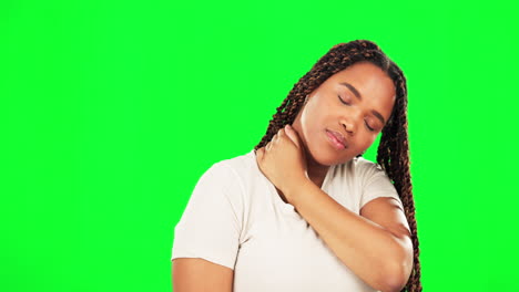 Black-woman,-hand-and-neck-pain-on-studio-green